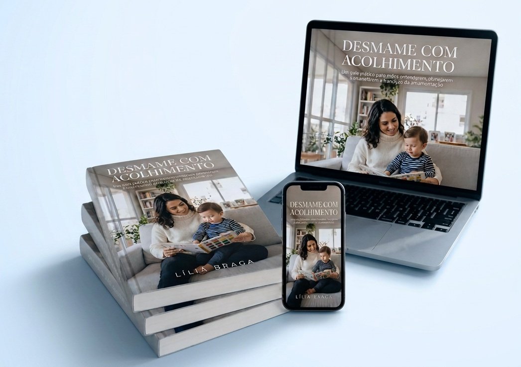 Livros Desmame com Acolhimento ao lado de um notebook e celular com o guia aberto
